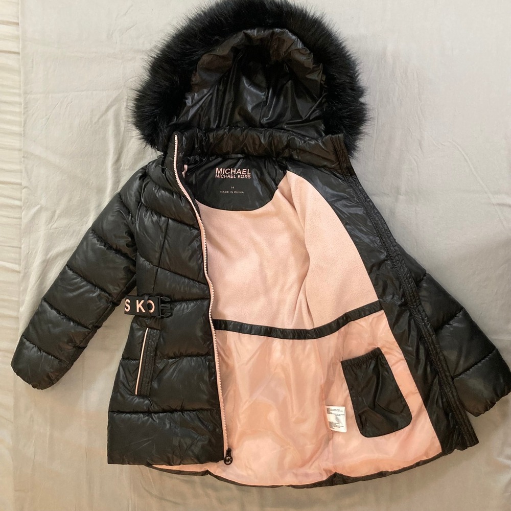 Michael Kors Girls Black Pink Belted Puffer Parka Faux Fur Hood Jacket Size 14